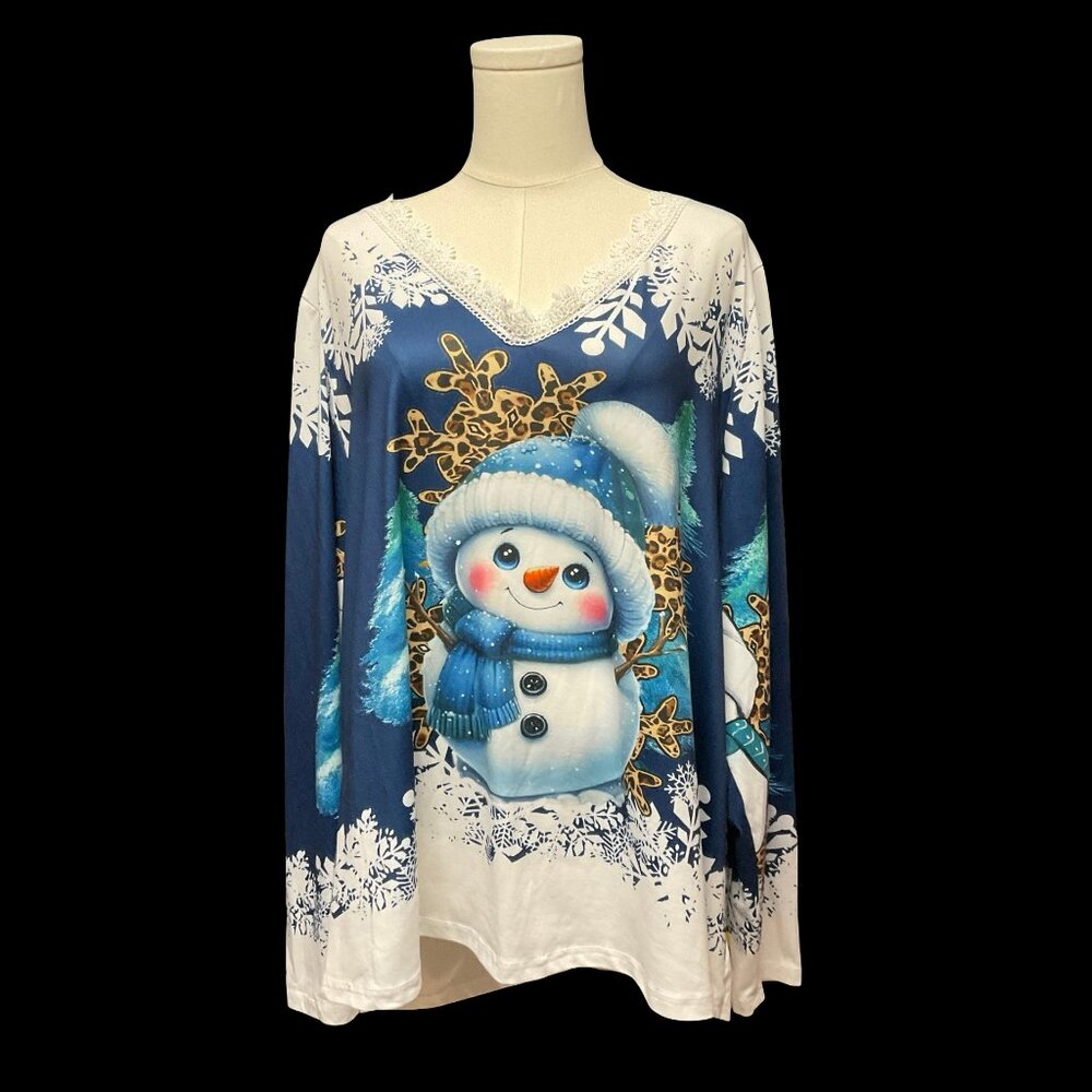 Blue/White Long Sleeve V-Neck Tee w/Snowman Graphic
